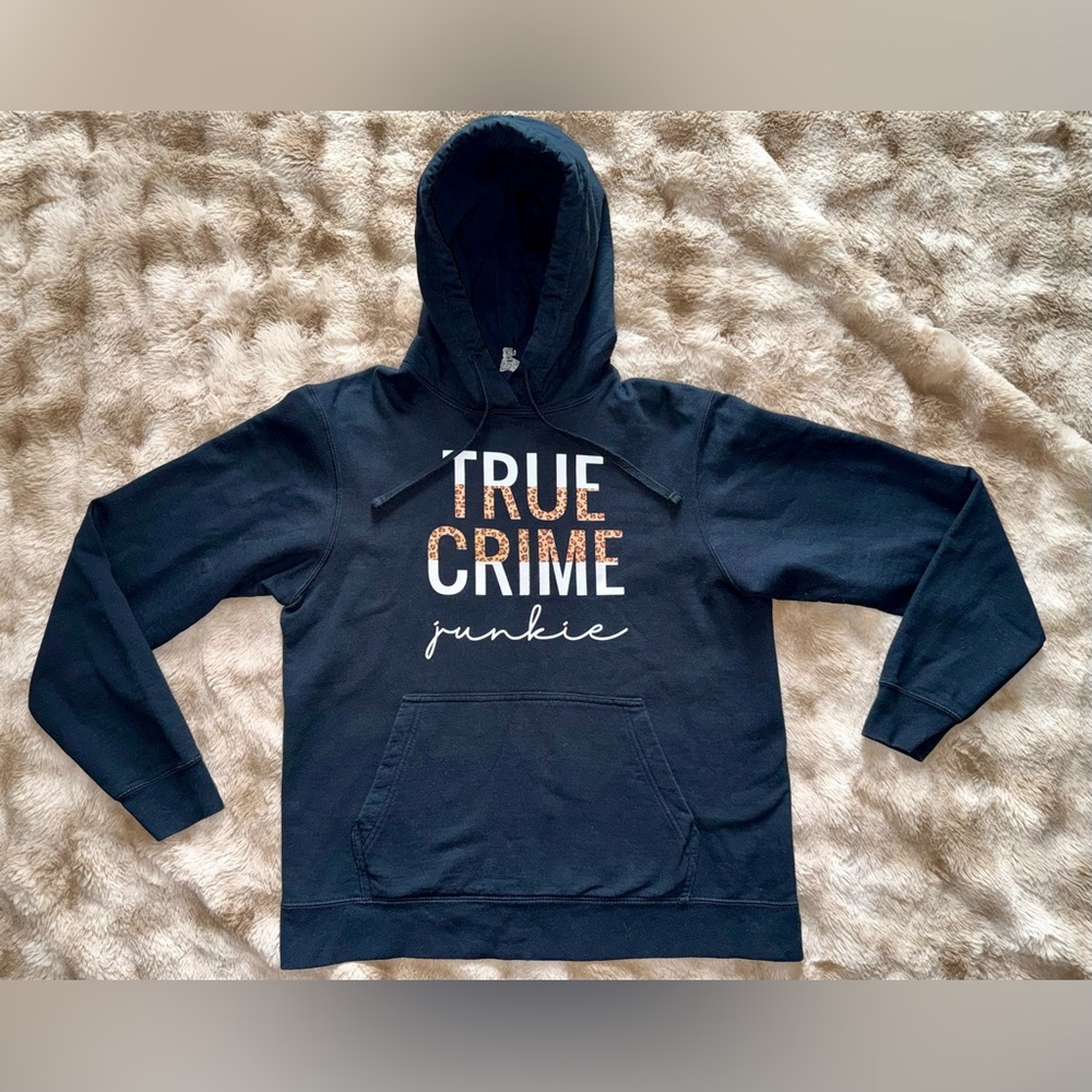 True Crime Junkie Black Graphic Pullover Hoodie Size Medium